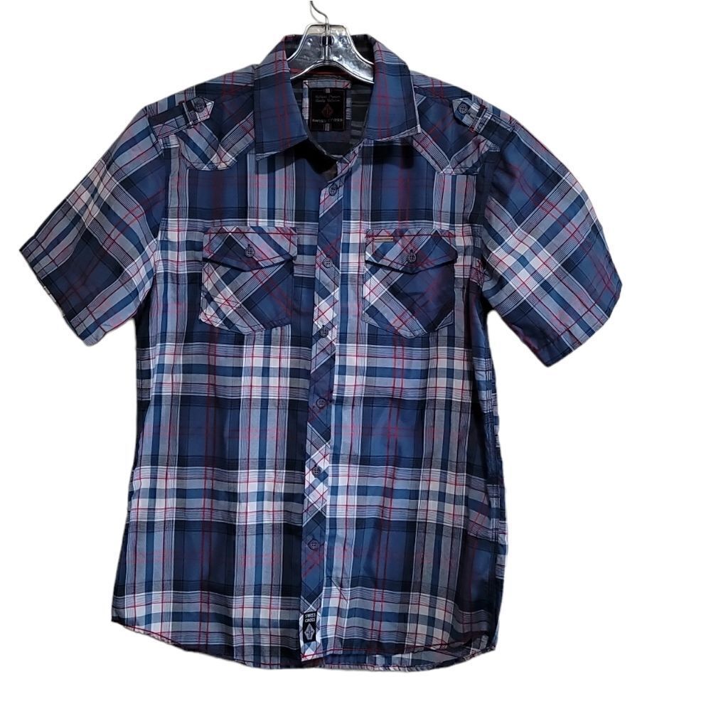 Swiss Cross Men's Blue Plaid Short-Sleeve Shirt Sz Medium